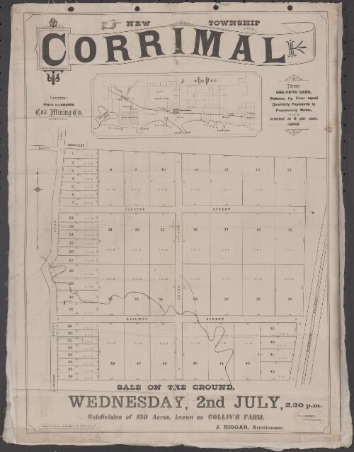 Corrimal [cartographic material] : new township : subdivision of 150 acres, known as Collin's farm / sale on the ground, Wednesday, 2nd July, 2.30 p.m. ; J. Biggar, auctioneer