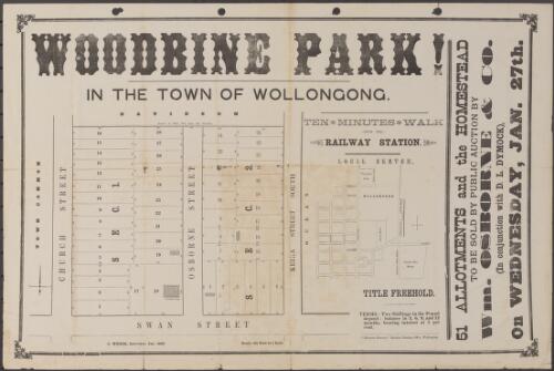 Woodbine Park! [cartographic material] : in the town of Wollongong : 51 allotments and the homestead to be sold by public auction / by Wm. Osborne & Co. (in conjunction with D.L. Dymock), on Wednesday, Jan. 27th