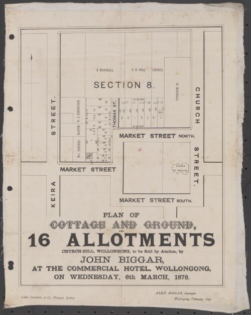 Plan of cottage and ground, and 16 allotments, Church-Hill, Wollongong, to be sold by auction [cartographic material]  / by John Biggar, at the Commercial Hotel, Wollongong, on Wednesday, 6th March, 1878