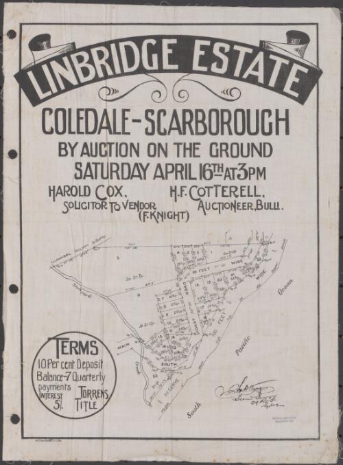 Linbridge Estate, Coledale - Scarborough [cartographic material] : by auction on the ground, Saturday April 16th at 3 pm / H.F. Cotterell, auctioneer, Bulli
