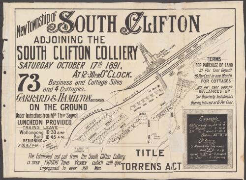 New township of South Clifton, adjoining the South Clifton Colliery [cartographic material] : Saturday October 17th 1891, at 12-30 p.m. o'clock : 73 business and cottage sites and 4 cottages / Garrard & Hamilton auctioneers