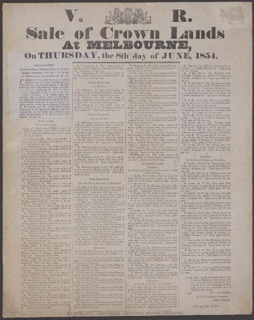 Sale of crown lands at Melbourne, on Thursday, the 8th day of June, 1854