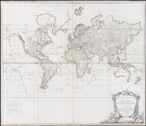 Mappe-monde ou carte générale du globe terrestre dessinée suivant les regles de la projection des cartes reduites [cartographic material] / par Robert de Vaugondy, Géographe ; corrigée et augmentée des découvertes du Cap. Cook et des ses trois voyages, de celles de la Perouse en 1801, de Vancouver, de Mackensie en 1802, auxquelles est ajouté tout ce qui a été découvert dans la Mer du Sud, d'après la Carte du Grand Ocean entre l'Asie et L'Amérique ; par Delamarche Géographe ; gravé par E. Dussy