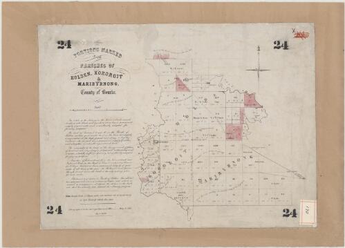 Portions marked in the parishes of Holden, Kororoit & Maribyrnong, County of Bourke [cartographic material] / lithographed at the Surveyor General's Office, May 15, 1854 by J. Jones