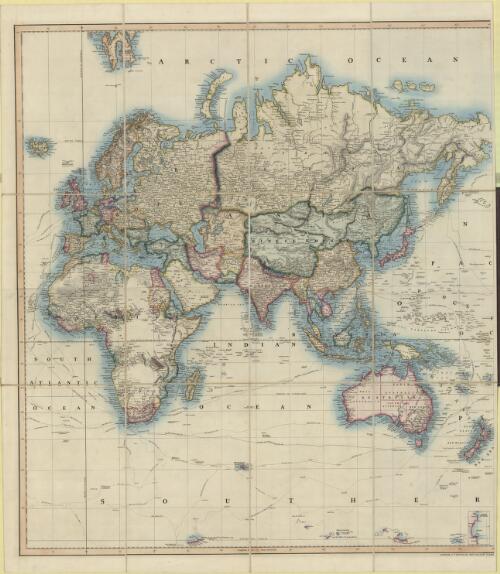 Map of the world on Mercator's projection showing the discoveries at the North Pole and the new settlements in Australia, New Zealand &c