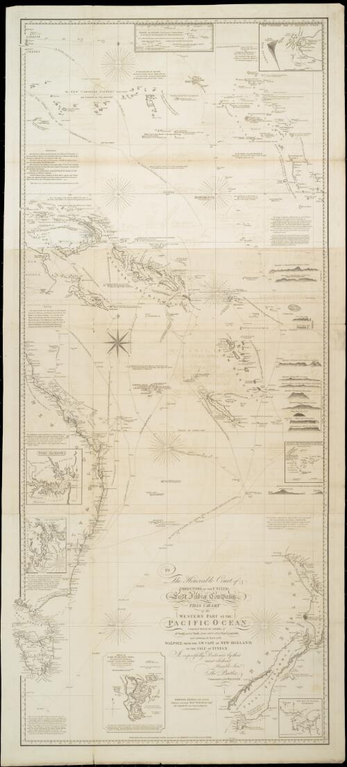 This chart of the western part of the Pacific Ocean comprised between the latitudes of 48° South and 17° North from 146° to 176° of East longitude and exhibiting the track of the Walpole, from the S.W. Cape of New Holland, to the Isle of Tinian [cartographic material] / is respectfully dedicated by their most obedient humble servt. Thos. Butler, Commander of the Walpole