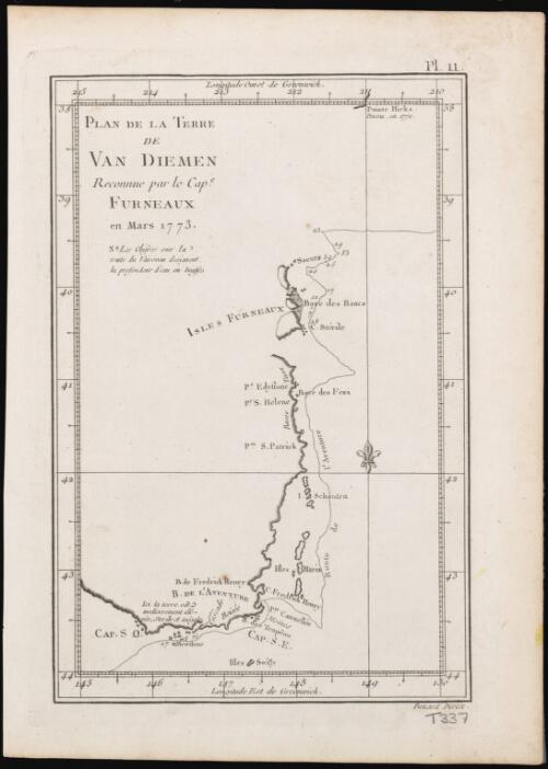 Plan de la terre de Van Diemen [cartographic material] / reconnue par le Cape. Furneaux en Mars 1773