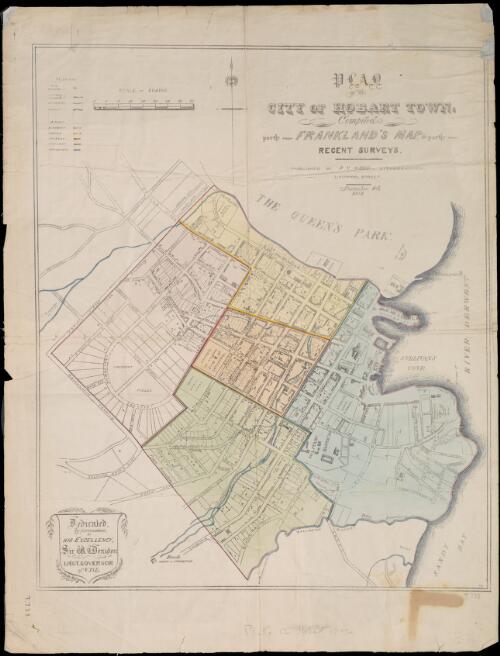 Plan of the city of Hobart Town compiled partly from Frankland's map, & partly from recent surveys [cartographic material] / published by R. V. Hood, Lithographer, Liverpool Street