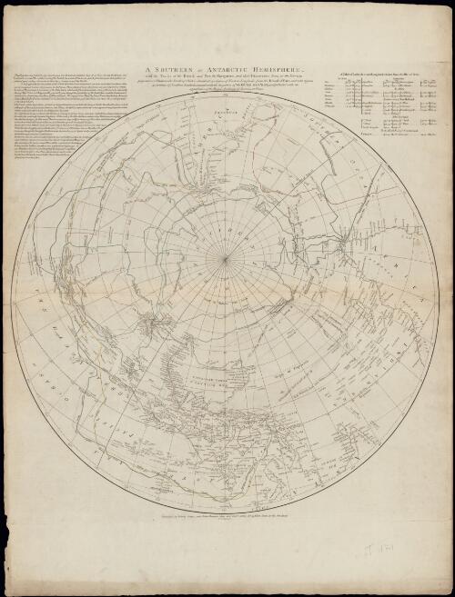 A southern or Antarctic hemisphere [cartographic material] : with the tracks of the British and French navigators and their discoveries down to the year 1775 projected on a horizon the zenith of which is situated at 140 degrees of eastern longitude from the Island of Ferro, and at 66 degrees 31 minutes of southern latitude, executed under the inspection of the Duke De-Croy, and published with the approbation of the Royal Academy of Sciences at Paris