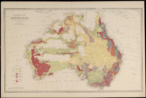 Geological map of Australia [cartographic material] / compiled from Geological map published by the Mining Department, Melbourne, with revisions by C.S. Wilkinson, F.G.S. Government geologist, N.S.W