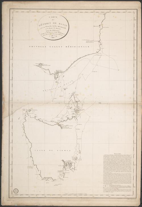 Carte du Detroit de Basse entre la Nouvelle Galles Meridionale et la Terre de Diemen [cartographic material] / levee par M. Flinders Lieutenant du vaisseau Anglais la Reliance par ordre de M. le Gouverneur Hunter en 1798 et 1799