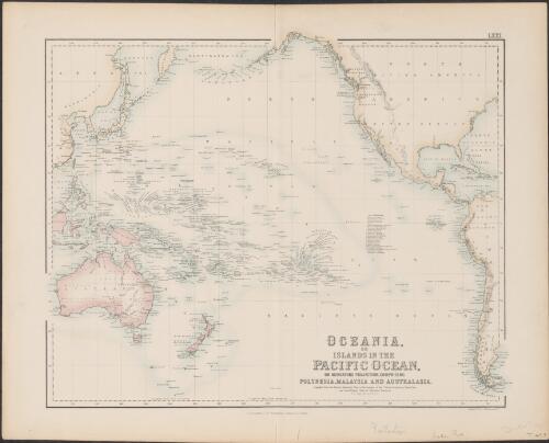Oceania, or islands in the Pacific Ocean, on Mercators projection, comprising Polynesia, Malaysia and Australasia [cartographic material] : compiled from the British Admiralty charts, the surveys of the U. States Exploring Expedition and Lieut. Raper's Table of Maritime Positions / by J. Hugh Johnson F.R.G.S. ; engraved by A. Fullarton & Co