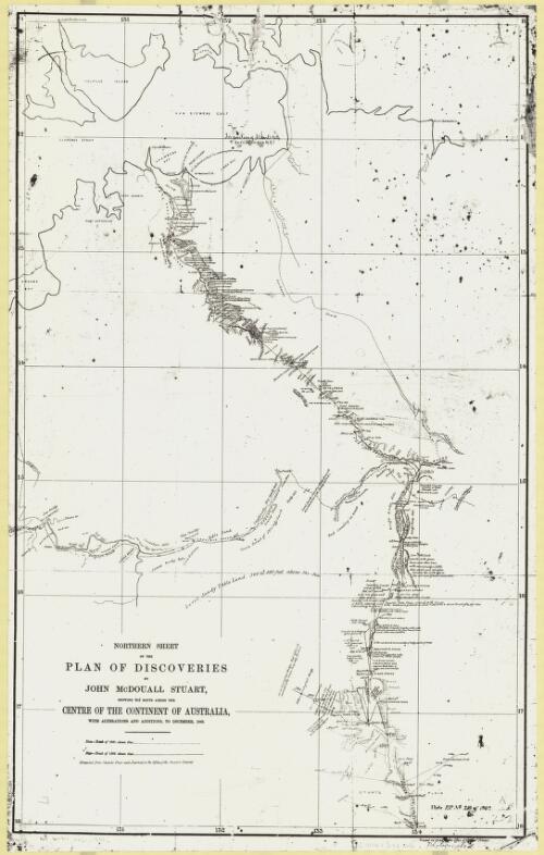 Northern sheet of the discoveries by John McDouall Stuart showing his route across the centre of the continent of Australia [cartographic material] : with alterations and additions to December 1862 / compiled from Stuarts plan and journal, in the office of the Surveyor General