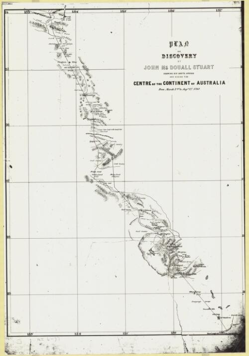 Plan of discovery by John McDouall Stuart showing his route across and fixing the centre of the continent of Australia [cartographic material] : from March 2nd to Aug. 27, 1860 [Emerald Springs to James Ranges]