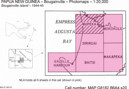 Bougainville Island [cartographic material] / air photography by 17th Photo Squadron, 5th Air Force ; compilation & reproduction: 1 Aust Mob Litho Sec (AIF), Aust Svy Corps