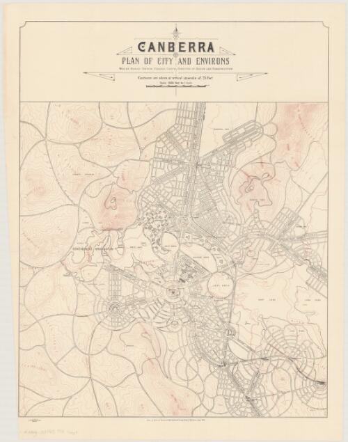 Canberra, plan of city and environs [cartographic material] / Walter Burley Griffin, Federal Capital Director of Design and Construction ; drawn by Home and Territories Dept., Lands and Survey Branch, Melbourne