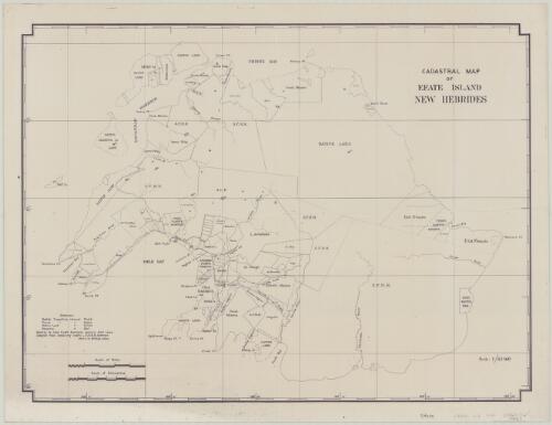 Cadastral map of Efate Island, New Hebrides [cartographic material] / surveys by Joint Court Surveyors shown in solid lines ; adopted from Admiralty Charts & S.F.N.H. Surveys shown in broken lines