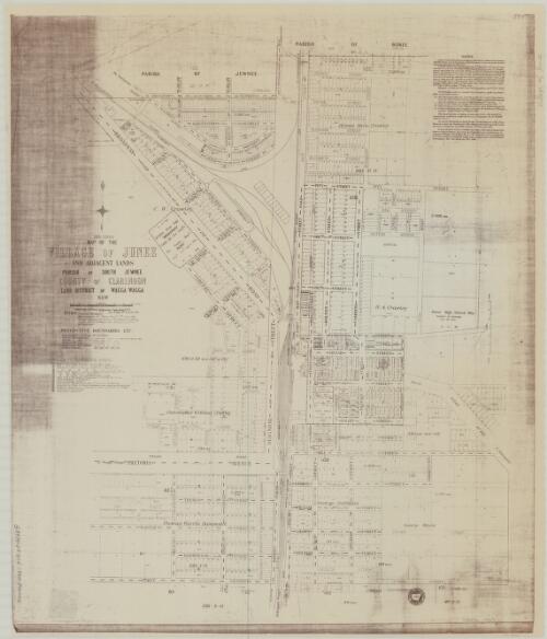 Map of the village of Junee and adjacent lands [cartographic material] : Parish of South Junee, County of Clarendon, Land District of Wagga Wagga, N.S.W. / compiled, drawn & printed at the Department of Lands