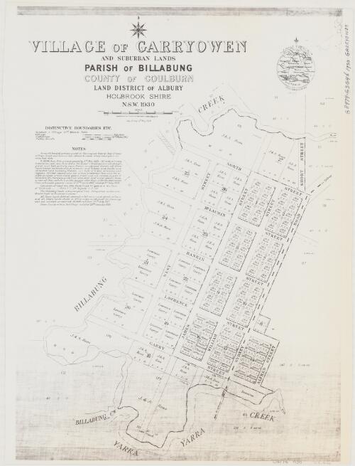 Village of Garryowen and suburban lands [cartographic material] : Parish of Billabung, County of Goulburn, Land District of Albury, Holbrook Shire, N.S.W. 1930 / compiled, drawn and printed at the Department of Lands, Sydney, N.S.W