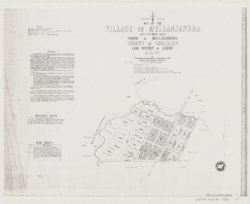 Map of the village of Mullanjandra and suburban lands [cartographic material] : Parish of Mullanjandra, County of Goulburn, Land District of Albury, N.S.W. / compiled, drawn and printed at the Department of Lands, Sydney, N.S.W