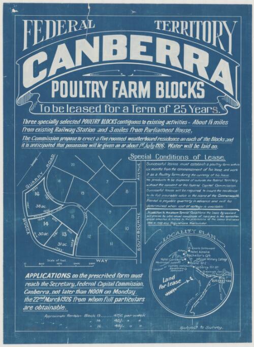 Canberra Federal Territory, poultry farm blocks [cartographic material] : to be leased for a term of 25 years