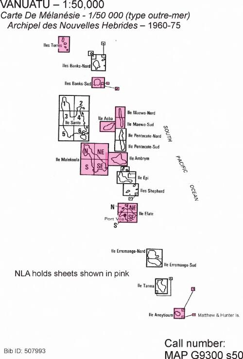 Carte de la Mélanésie - 1/50 000 (type outre-mer) [cartographic material] : Archipel des Nouvelles Hébrides / dessiné et publié par l'Institut Géographique National