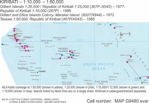 Republic of Kiribati 1:10,000 [cartographic material] / prepared by OS International, Ordnance Survey, under the UK Government's Technical Co-operation Programme ; field survey data by Royal Australian Survey Corps and Lands and Surveys Division, Kiribati ; air photography by Royal Australian Survey Corps ; office edited by Lands and Surveys Division