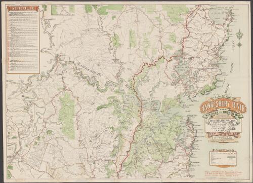 Map of the Hawkesbury River from Windsor to Broken Bay [cartographic material] : including tributaries, also embracing Brisbane Water, Pitt Water, Ku-Ring-Gai Chase, Terrigal and Tuggerah Lakes entrance, New South Wales, Australia / compiled, drawn & printed at the Department of Lands