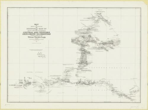 Map of route travelled and discoveries made by South Australian Government Central and Western Exploring Expedition under command of William Christie Gosse [cartographic material] : showing natural features and description of country / drawn by Edwin S. Berry 1873 ; W.C. Gosse 9.3.76