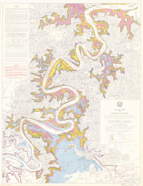 Flood map of Brisbane & suburbs [cartographic material] / drawn and published at the Survey Office, Department of Lands, Brisbane, Feb. 1974