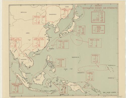 Secret estimated enemy air strength as at 1 Feb. 45. [cartographic material] / reproduced by 2/1 Aust. Army Topo. Svy. Coy