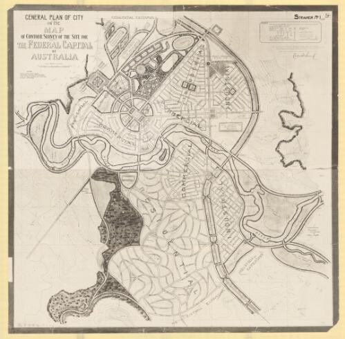 General plan of city on the map of contour survey of the site for the Federal Capital of Australia. [Competitor no. 58, W.A. Ritchie Fallon] [cartographic material] : Strainer no. 1