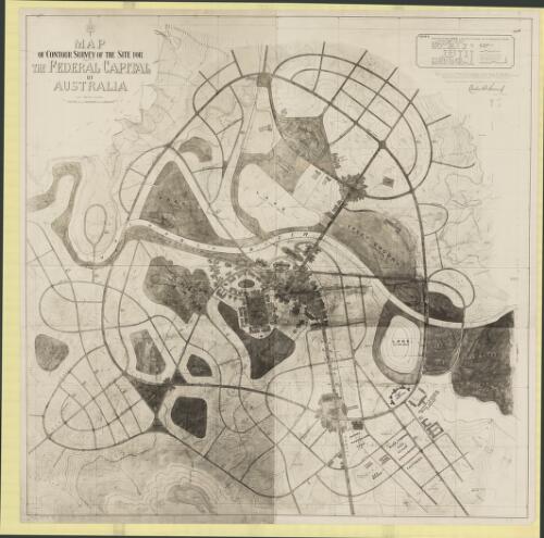 [Federal Capital Design Competition plan]. [Competitor no. 57, H. Bedford-Tyler] [cartographic material] : [on base map] Map of contour survey of the site for the Federal Capital of Australia