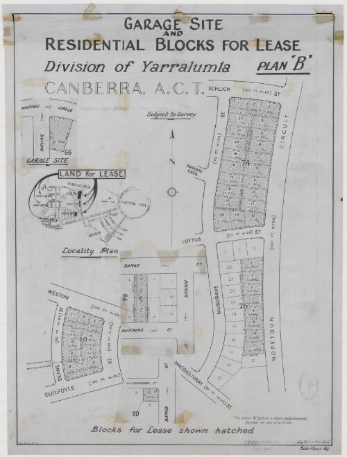 Garage site and residential blocks for lease, division of Yarralumla, Canberra A.C.T. Plan 'B' [cartographic material]