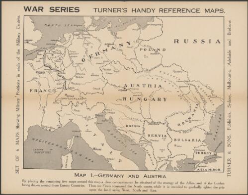 Set of 6 handy reference maps showing military positions and battle lines of allied armies in France, Flanders and Belgium, Italy, Russia, Salonika, Turkey in Asia and Egypt, Germany and Austria [cartographic material]