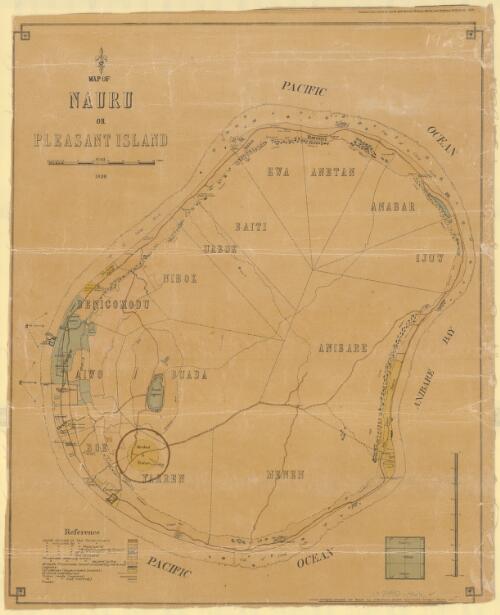 Map of Nauru or Pleasant Island [cartographic material] / surveyed, compiled, and drawn by J.D. Hutchison, L.S.M.S., Government Surveyor, Nauru ; compiled and drawn by Lands and Survey Branch, Works and Railways, Melbourne, 1928