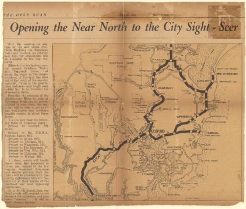 Opening the Near North to the city sight-seer [cartographic material] : [Gosford Region, N.S.W., Great Northern Highway] / The Open Road