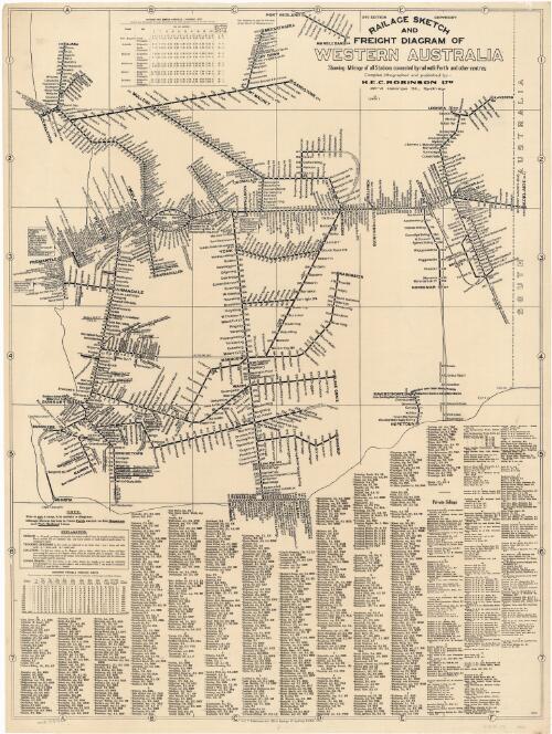 Railage sketch and freight diagram of Western Australia [cartographic material] : showing mileage of all stations connected by rail with Perth and other centres / compiled, lithographed and published by H.E.C. Robinson Ltd