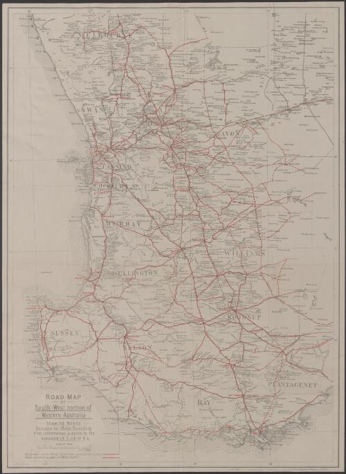 Road map of South-West portion of Western Australia [cartographic material] : showing roads suitable for motor travelling from information supplied by the Automobile Club of W.A