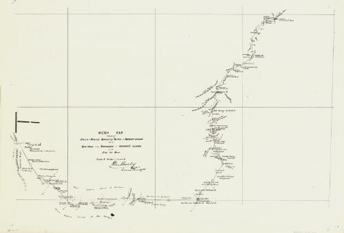 Sketch map showing stock-route Newcastle Waters to Anthony's Lagoon and dray road from Borroloola to Anthony's Lagoon with sites for bores [cartographic material] : scale 8 miles [equals] 1 inch / H. Vere Barclay