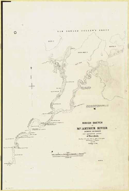 Rough sketch of McArthur River showing entrances and approximate position of Borroloola [cartographic material] / soundings, bars and reefs by Captn F.Carrington ; sketching by J.P. Hingston, Jany. 1886