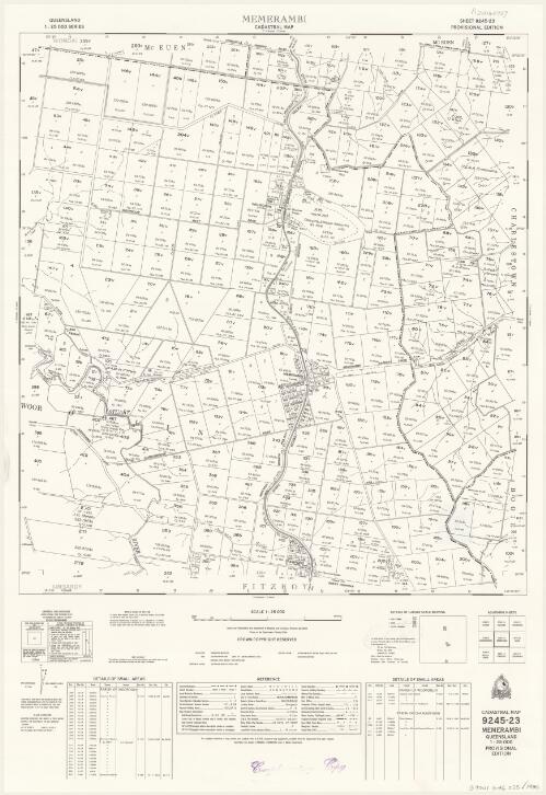 Queensland 1:25 000 series cadastral map. 9245-23, Memerambi [cartographic material] / Drawn and published by the Department of Mapping and Surveying, Brisbane