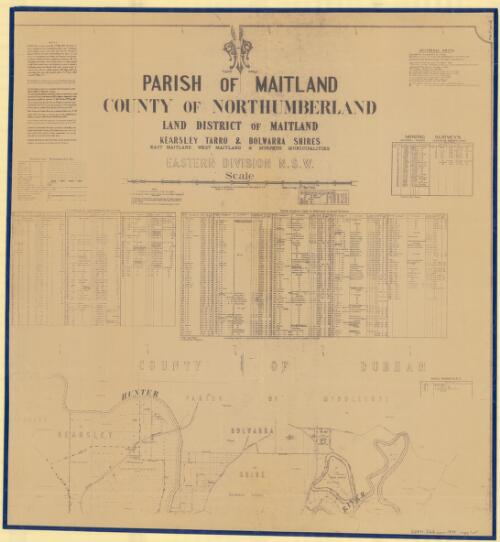 Parish of Maitland, County of Northumberland [cartographic material] : Land District of Maitland, Kearsley Tarro & Bolwarra Shires, East Maitland West Maitland & Morpeth Municipalities, Eastern Division N.S.W. / compiled, drawn and printed at the Department of Lands, Sydney N.S.W