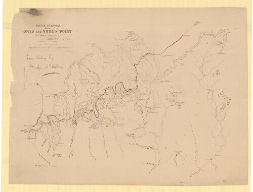 Sketch of ranges between Omeo and Wood's Point [cartographic material] : with roads newly cut / by Angus McMillan ; Geo. Thos. Jones, surveyor to the expedition ; T.F. Bibbs, litho