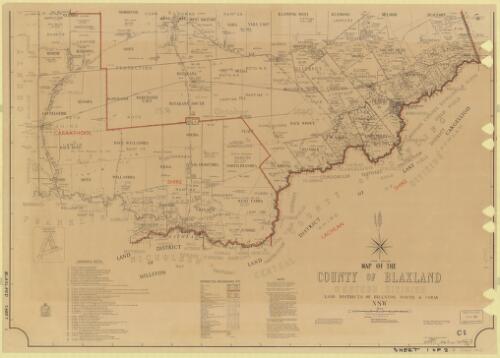 Map of the County of Blaxland, Western Division [cartographic material] : Land Districts of Hillston North & Cobar, N.S.W. : within Shires of Carrathool and Cobar, Pastures Protection Districts of Hillston and Cobar, Bogan Gold Field proclaimed 15th October 1880 (ptly.) / compiled, drawn and printed at the Department of Lands, Sydney, N.S.W