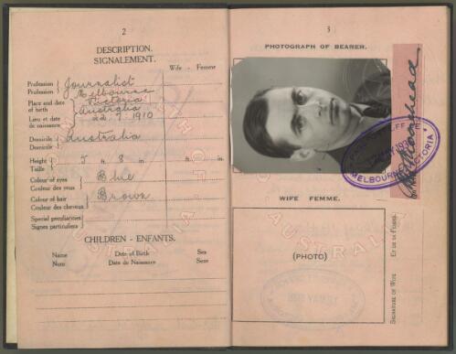 Passport of Alan Moorehead: ID photo and facing page with description [picture]