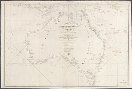 General chart of Terra Australis or Australia [cartographic material] : from the surveys of Captains Flinders and King, R.N. with additions from Lieuts. Jeffreys and Roe, also from Adml. D'Entrecasteaux, Capts Baudin and Freycinent of the French Marine to the year 1829 ; corrected from the surveys of Commanders Wickham and Stokes, 1843