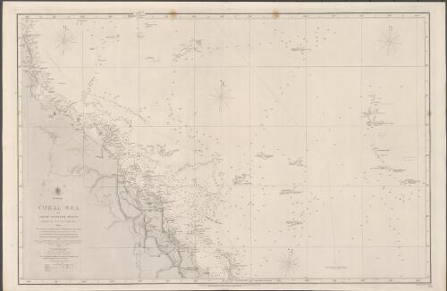 Australia, Coral Sea and Great Barrier Reefs shewing the inner and outer routes to Torres Strait. Sheet 1 [cartographic material] : from the surveys of Captains Flinders, P.P. King, Blackwood, Owen Stanley and Yule, R.N., 1802-50 ; the outer detached reefs, and line of Great Barrier Reefs from Captain Denham, R.N. 1858-60 / compiled in the Hydrographic Office by Mr. F.J. Evans, Master R.N. 1860 ; engraved by J. & C. Walker