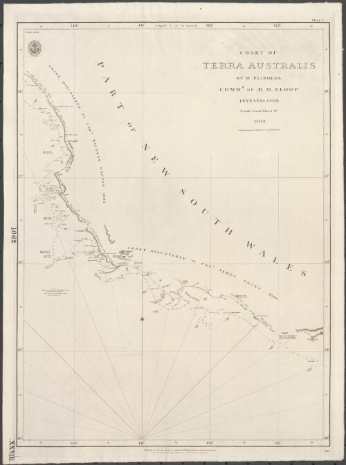 Chart of Terra Australis. Sheet IV, South coast [cartographic material] / by M. Flinders, Commr. of H.M. Sloop Investigator, 1802 ; corrected from the surveys of Comr. Stokes, 1843