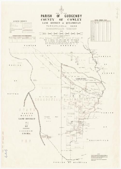Parish of Gudgenby, County of Cowley [cartographic material] : Land District of Queanbeyan, Yarrowlumla Shire, Commonwealth Territory / compiled, drawn and printed at the Dept. of Lands, Sydney N.S.W